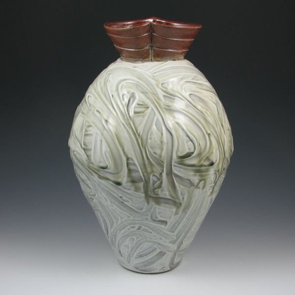 John Peterson 15" Vase - Mint: John Peterson vase with very interesting, thickly applied slip under the glaze. Signed John Peterson 2001. Mint. 15" tall.