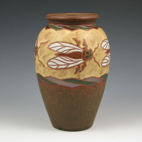 Eric Olson 8" Cicada Vase - Mint: Eric Olson vase with four cicadas. Signed Olson 2005 and also marked CGP (Common Ground Pottery) and 81. Mint. 8" tall.