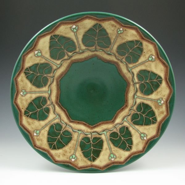 Eric Olson 13 5/8" Bowl - Mint: Eric Olson bowl with floral and leaf motif. Signed Eric Olson 2000. Mint. 13 5/8" in diameter by 2 7/8" tall.