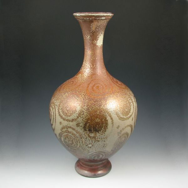Brian A. Moore 20 1/2" Iridescent Vase - Mint: Brian A. Moore vase with iridescent glaze and swirl designs. Marked with impressed stamp b moore. Mint. 20 1/2" tall.