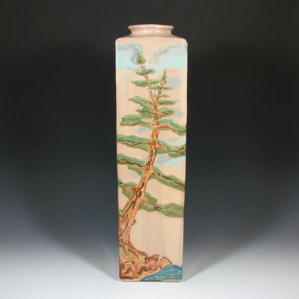 Walt Schmidt 24 1/4" Scenic Vase - Mint: Walt Schmidt scenic vase with trees, a bald eagle and other birds in the distance. Marked with impressed mark. Mint. 24 1/4" tall.