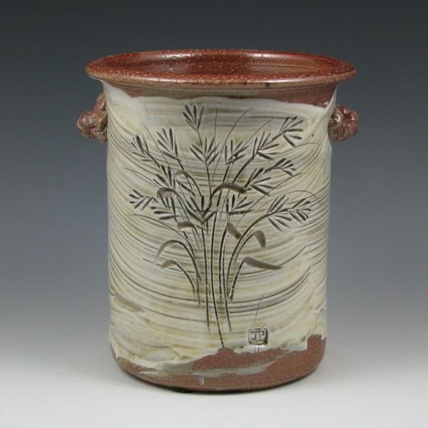 John Peterson 7 1/4" Open Vase - Mint: John Peterson open vase with incised grass design. Marked JP. Mint. 7 1/4" tall.