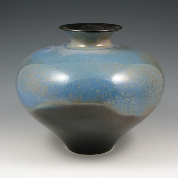 Paul M. Jeselskis 7 3/4" Crystalline Vase - Mint: Paul M. Jeselskis broad vase with crystalline blue and brown glaze over black. Signed Jeselskis. Mint. 7 3/4" tall by 9 1/2" wide.