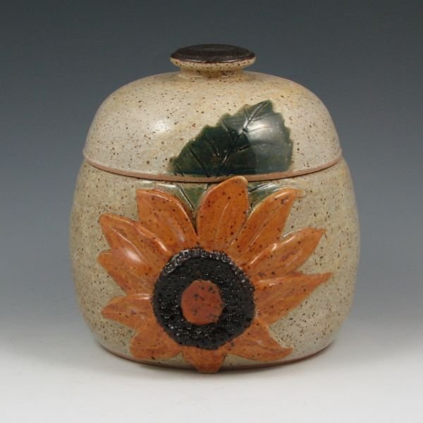 Rae Marie Crisel 6 3/4" Lidded Vessel - Mint: Rae Marie Crisel lidded vessel with Sunflower. Signed RMC. Mint. 6 3/4" tall.