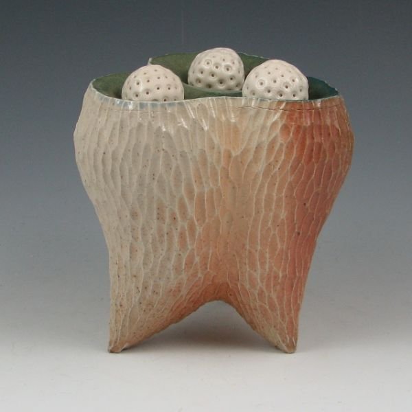 Amanda St. Hilaire-Grubich 5 1/4" Sculpture - Mint: Amanda St. Hilaire-Grubich footed sculpture with three detached balls. Unsigned. Mint. 5 1/4" tall.