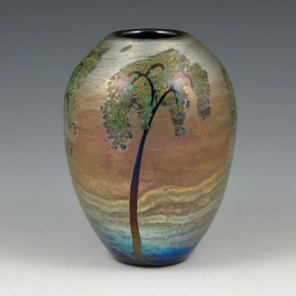 Joyce Roessler 5 1/2" Scenic Art Glass Vase - Mint: Joyce Roessler (Heilman-Roessler Studio) iridescent art glass paperweight vase with scenic decoration. Signed Roessler 5-1-79. Mint. 5 1/2" tall.