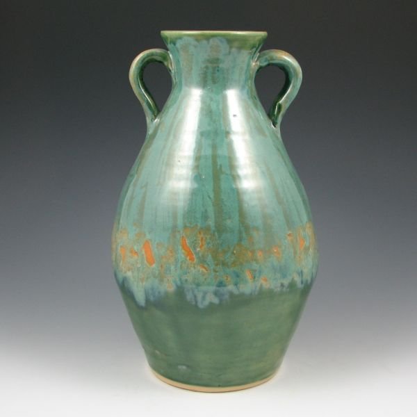 Rae Marie Crisel 12 1/4" Vase - Mint: Rae Marie Crisel handled vase in green. Signed RMC 05. Mint. 12 1/4" tall.