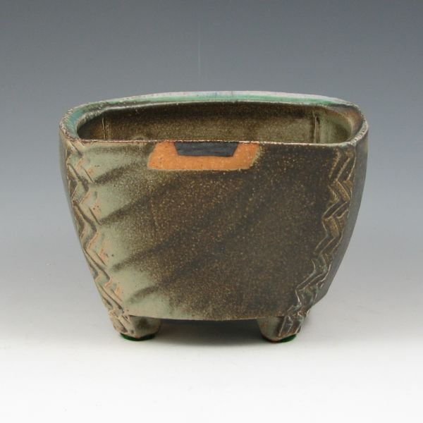 Jeff Oestreich 5 3/4" Footed Bowl - Mint: Jeff Oestreich footed bowl in dark matte green. Marked with impressed J.O. mark. Mint. 5 3/4" wide by 4" tall.