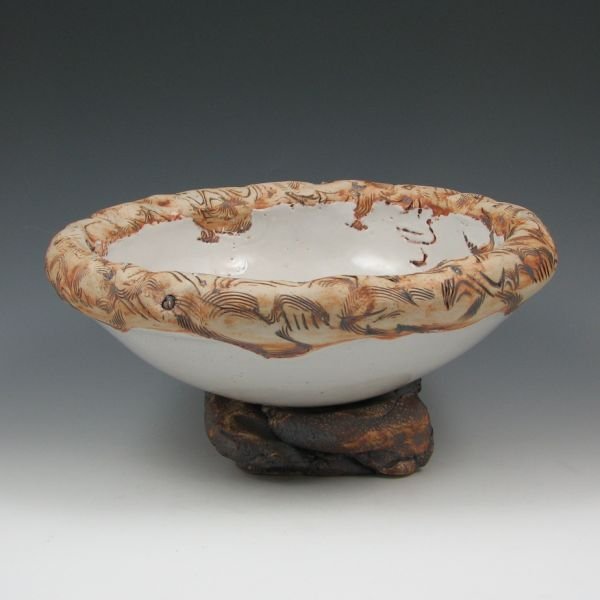 Judy Miner 10 1/2" Bowl - Mint: Judy Miner bowl with stand (two pieces). Marked Miner. Mint. 10 1/2" wide by 5 3/4" tall.