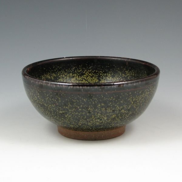 Larry Spears 6 1/2" Bowl - Mint: Larry Spears bowl with speckled green on brown glaze. Signed Spears. Mint. 6 1/2" wide by 3 1/8" tall.