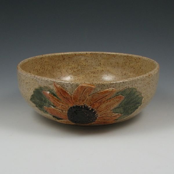 Rae Marie Crisel 9 1/4" Sunflower Bowl - Mint: Rae Marie Crisel Kansas Sunshineware sunflower bowl. Signed RMC. Mint. 9 1/4" wide by 3 1/2" tall.