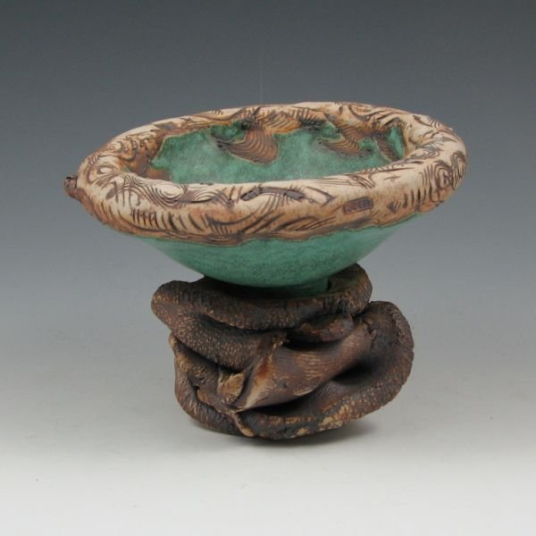 Judy Miner 6 1/4" Bowl w/ Stand - Mint: Judy Miner bowl with stand (two pieces). Marked Miner. Mint. 6 1/4" wide by 4 1/2" tall.