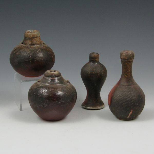 Studio Pottery Cabinet Vases (4) - Mint: Four (4) studio pottery cabinet vases. Unsigned, but all appear to be by the same artist. Mint. 2 7/8" to 4 1/8" tall.