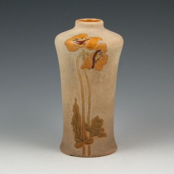 Roseville Woodland 976-6 1/2" Vase: Roseville Woodland 976-6 1/2" vase. Marked with Rozane Ware wafer. Flakes to rim and chips to base and foot. 6 1/2" tall.