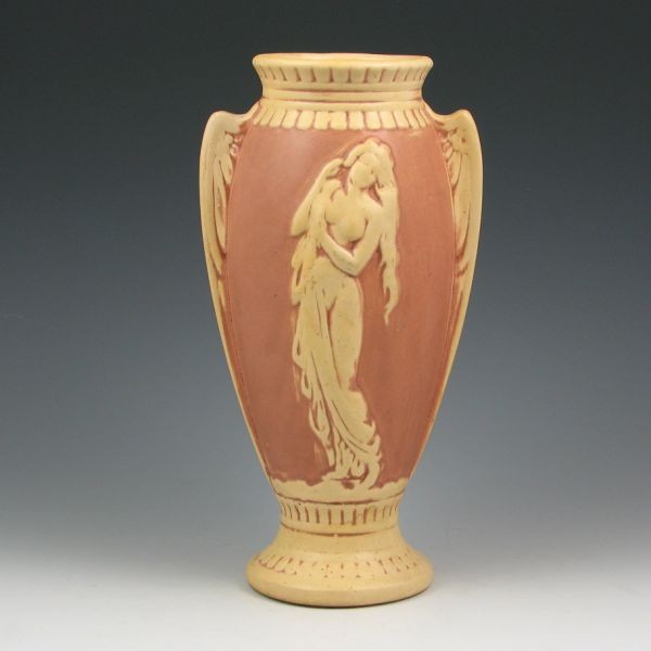 Brush McCoy Vestal Nude 10 1/2" Vase - Mint: Brush McCoy Vestal nude vase in brown and cream. Unmarked. Mint. 10 1/2" tall.