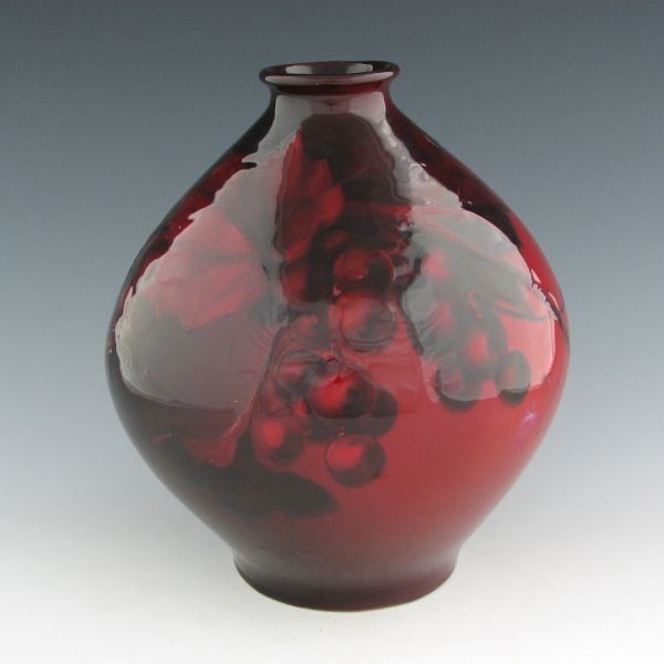 Roseville Decorated Mongol 8" Vase by Martineau: Exceptionally rare decorated Roseville Mongol vase by Mignon Martineau. While nearly every piece of Mongol that we have ever seen is simply glazed in the oxblood red glaze, this piece has been decorat
