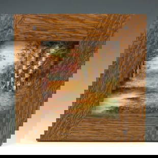 American Encaustic Tile Co. Autumn Scenic Tile: American Encaustic Tile (AET) Co. tile with Autumn forest scene, artist signed what appears to be R.R. Skillmore. Contemporary oak Arts & Crafts frame. Marked Patent Grip Back AETCo. There are some