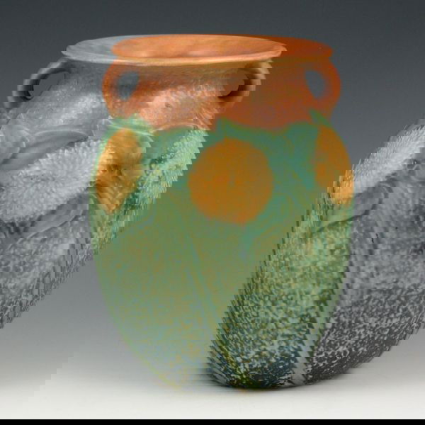 Roseville Sunflower 491-8" Vase - Mint: Roseville Sunflower 491-8" vase. Unmarked. Mint with two factory flaws (clay inclusions) to one flower. 8" tall.