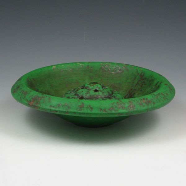 Weller Coppertone 11" Bowl w/ Flower Frog - Mint: Weller Coppertone bowl with flower frog. Bowl is marked Weller Hand Made with a small piece of the original label intact. The frog is unmarked. Mint. 11" wide by 2 3/4" tall.