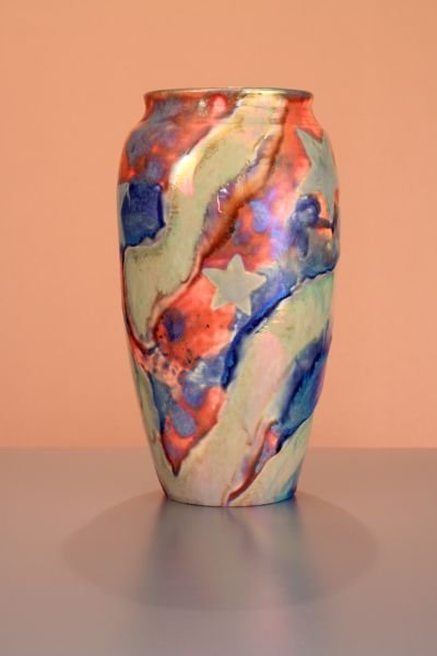 "The Very Last Day" - Unique Katrich Vessel: "The Very Last Day" - A unique studio vessel by Paul J. Katrich. Tall, classical vase covered in the artist's signature luster glazes with stars. The vessel is fully marked with the artist's Grecian S