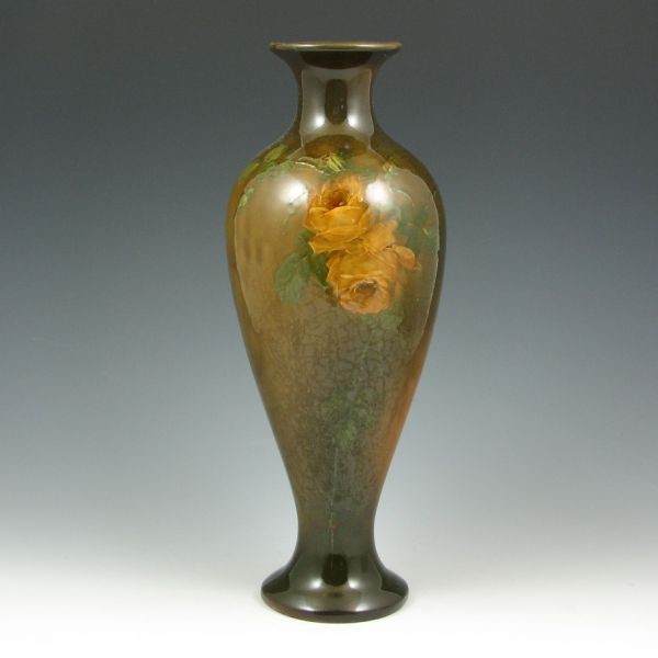 Roseville Rozane 12 7/8" Vase by W. Myers: Roseville Rozane standard glaze vase with roses, signed W. Myers. Marked with Rozane Ware wafer. The rim, neck and a base chip have been professionally restored. 12 7/8" tall.