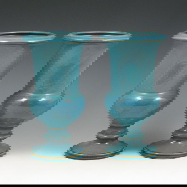 Roseville Rozane Pattern 5-8" Vases (2) - Mint: Two Roseville Rozane Pattern vases in blue semi-lustrous finish. Both marked Roseville USA 5-8". Both mint. 8 1/4" tall.