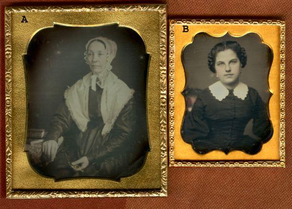 Two dags of women: Two daguerreotypes. Both resealed. 1/6 plate dag of woman in bonnet holding, holding her glasses. In half case. Lot 4-a is Grade 5 with tiny mat abrasions and mold spots. Lot 4-b is 1/9 plate, in a fu
