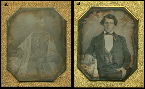 Mr. and Mrs. Greider Mennonite Daguerreotypes: Pair 1/6 plate portraits from the wedding day of John and Anna Greider. Lot 36-a is Grade 2, with image still visible but severely wiped and faded. Resealed and in a full case with detached spine. Lot