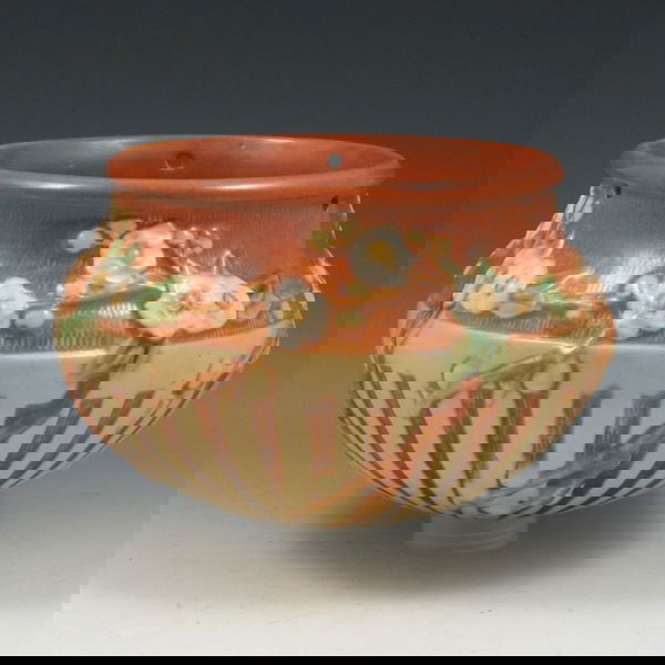 Roseville Cherry Blossom Hanging Basket - Excel.: Roseville Cherry Blossom 350-5" hanging basket. Unmarked. Excellent condition with light glaze scratches near the bottom. 7 3/4" wide by 5" tall.