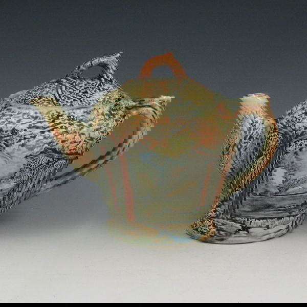 Weller Forest (Gloss) Lidded Teapot: Weller Forest lidded teapot in gloss finish. Marked WELLER in block letters and signed H inside the lid. The pot is mint while the wide edge of the lid is slightly rough with minor nicks and flakes. 6