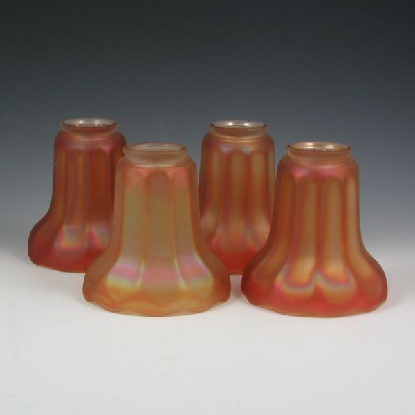 Lightolier Marigold Glass Shades (4): Set of four Lightolier glass shades in marigold with frosted exteriors. Each is marked Lightolier Co. Excellent condition with typical small nicks and stress lines to the socket ends. 5 1/4" tall with