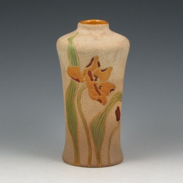 Roseville Woodland 976-6 1/2" Vase - Excellent: Roseville Woodland 976-6 1/2" vase with floral decoration. Marked with Rozane Ware Woodland wafer. Excellent condition with some slight discoloration to the bisque finish, but no damage or repairs. 6 