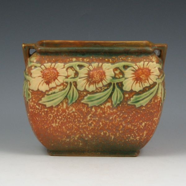 Roseville Dahlrose Rectangular Pillow Vase - Mint: Roseville Dahlrose rectangular pillow vase. Unmarked. Mint. 5 1/8" tall by 6 3/4" wide. Provenance: Gordon & Sue Hoppe Collection.
