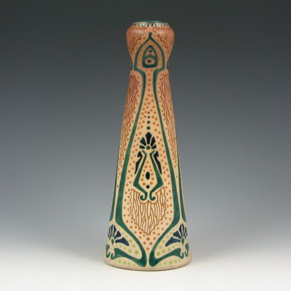 Roseville Fudji 973-10 1/2" Vase: Rare Roseville Fudji 973-10 1/2" vase with intricate squeezebag decoration covering the entire vase. Marked with Rozane Ware wafer. The bottom, presumably a drill hole, has been restored. 10 1/2" tall