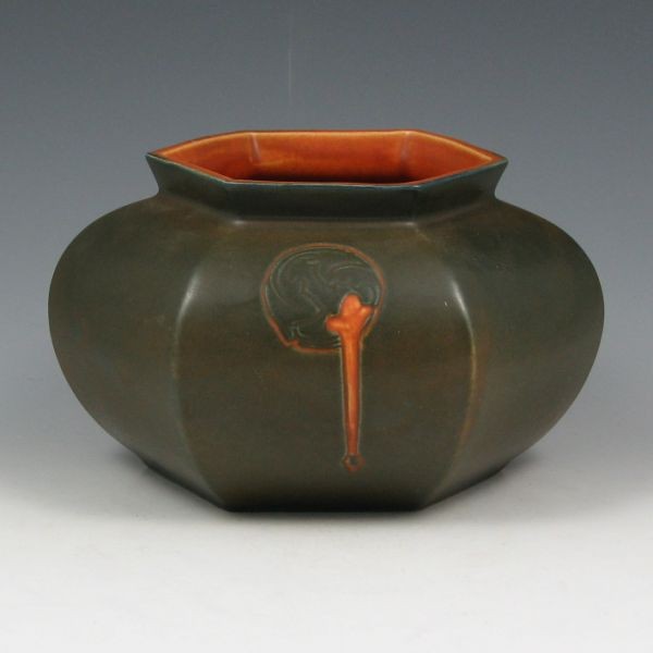 Roseville Hexagon 138-4" Rose Bowl: Roseville Hexagon 138-4" rose bowl in brown and orange. Marked with blue Rv ink stamp. A couple of very small chips to the rim have been touched up. 7 1/2" wide by 4" tall. Provenance: Gordon & Sue Ho