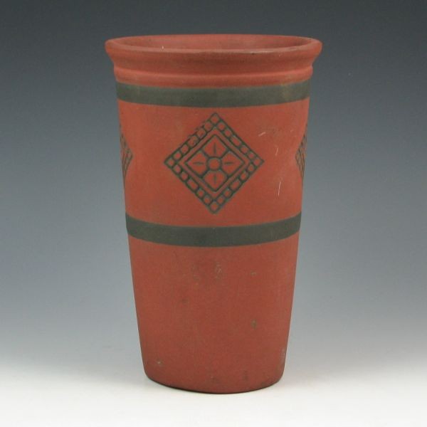 Weller Parian 8 1/2" Vase - Mint: Weller Parian vase in terra cotta with black highlights. Unmarked. Mint. 8 1/2" tall.