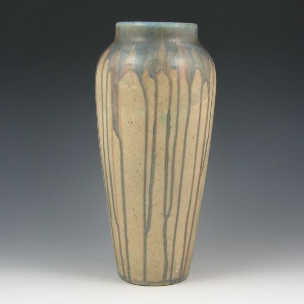 Peters & Reed Shadow Ware 11 3/4" Lamp Vase - Mint: Peters & Reed matte Shadow Ware factory lamp base or vase. Marked with Zane Ware impressed stamp. Mint with overall crazing. There are two errant drips of green glaze below the shoulder. 11 3/4" tall.