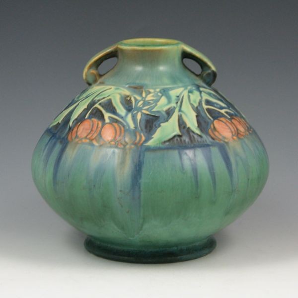 Roseville Baneda 605-6" Vase - Mint w/ Label: Roseville Baneda 605-6" vase in green and blue with good mold and color. Marked with original foil label. Mint. 6 1/4" tall by 7 1/4" wide. Provenance: Gordon & Sue Hoppe Collection.