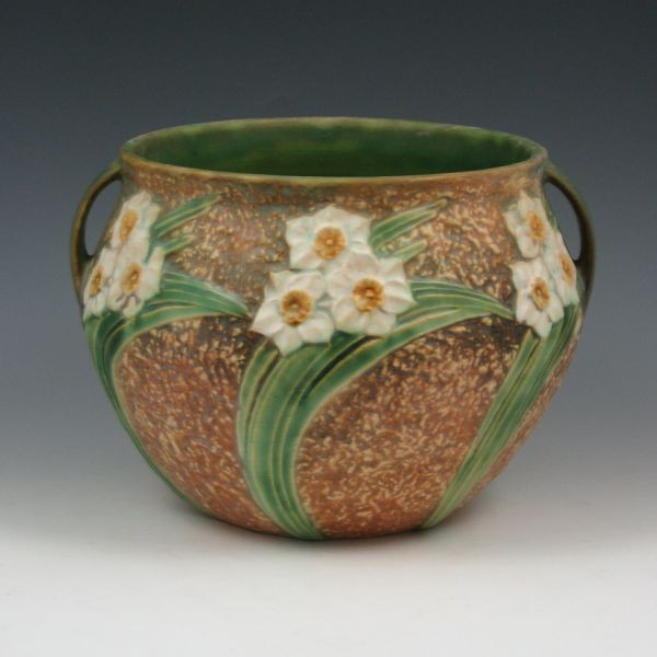 Roseville Jonquil 621-6" Jardiniere - Excellent: Roseville Jonquil 621-6" jardiniere. Unmarked. Excellent condition with some visible crazing. 8 3/4" wide by 6" tall. Provenance: Gordon & Sue Hoppe Collection.