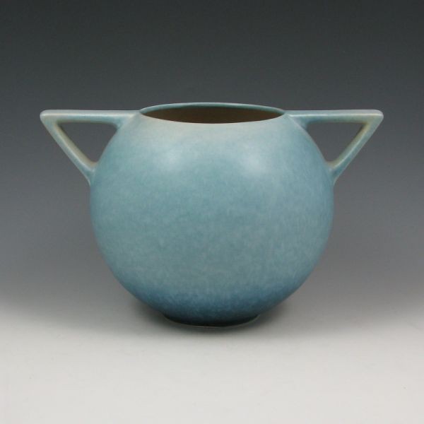 Roseville Rozane Pattern 398-6" Rose Bowl - Mint: Roseville Rozane Pattern rose bowl in blue. Marked Roseville USA 398-6". Mint. 10" wide by 6" tall. Provenance: Gordon & Sue Hoppe Collection.