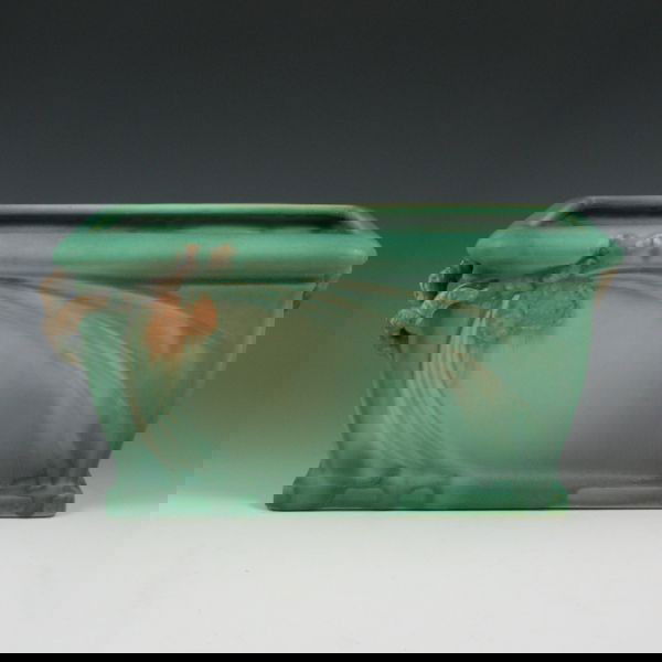 Roseville Pine Cone 380-10" Window Box - Mint: Roseville green Pine Cone window box, a hard-to-find shape. Marked 80 in red crayon, a remnant of the original shape number, and someone has written 380-10" ink on the bottom. Mint, with the exception