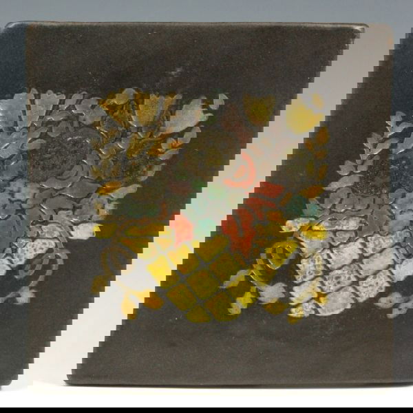 Marblehead Pottery Trivet Or Tile w/ Flower Basket: Marblehead trivet or tile with polychrome flower basket on a matte brown background. Marked with impressed Marblehead Pottery ship mark. There is a 1/8" flake to one bottom corner and another small fl