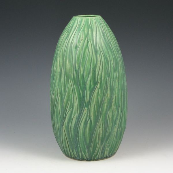 Tim Eberhardt Matte Green Carved Grass Vase - Mint: Tim Eberhardt vase with hand-carved grass, finished in matte green. Signed Tim Eberhardt, St. Louis, 7-2-99. Mint. 9 7/8" tall.