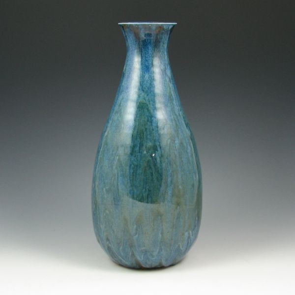 Tim Eberhardt 13 1/8" Glaze Effect Vase - Mint: Tim Eberhardt vase with blue over green gloss glaze effect. Signed Tim Eberhardt, St. Louis, 6-9-97. Mint. 13 1/8" tall.