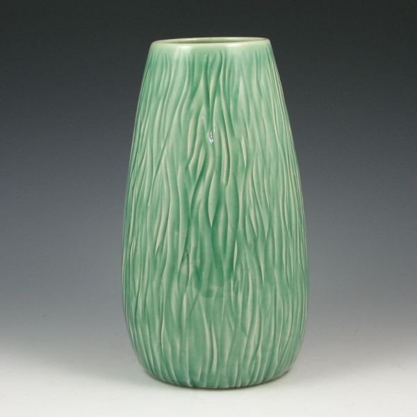Tim Eberhardt 9 7/8" Gloss Green Grass Vase - Mint: Tim Eberhardt vase with hand-carved grass, finished in green gloss glaze. Signed Tim Eberhardt, St. Louis, 6-21-99 with a personalized message to the original owner from Tim. Mint. 9 7/8" tall.
