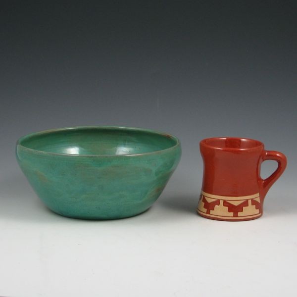 Pine Ridge Sioux 8" Bowl & 3 1/2" Mug - Excellent: Two pieces of Pine Ridge Sioux pottery including a relatively large 8" bowl in greenish turquoise, signed E. Irving. Also included is a 3 1/2" mug with intaglio design, signed D. Cottier. Both in exce