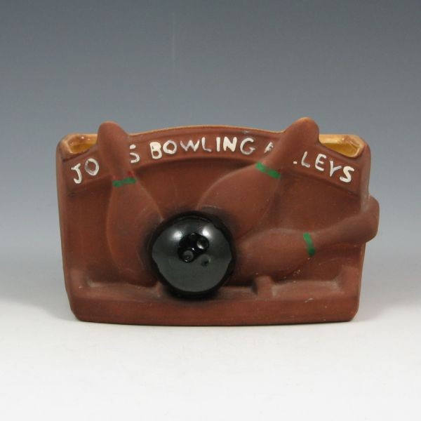 McCoy Joe's Bowling Alley Sports Planter - Excel.: McCoy Joe's bowling alley sports planter in brown bisque finish with yellow glossy interior and with white, green and black factory hand decorations. Marked USA circa 1956. Excellent condition. 6 1/2"
