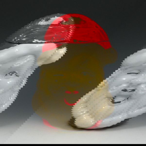 American Bisque Santa Claus Cookie Jar: American Bisque Santa Claus cookie jar. Marked USA. Chip to inside of jar's rim, loss of cold paint. 9 1/2" tall.