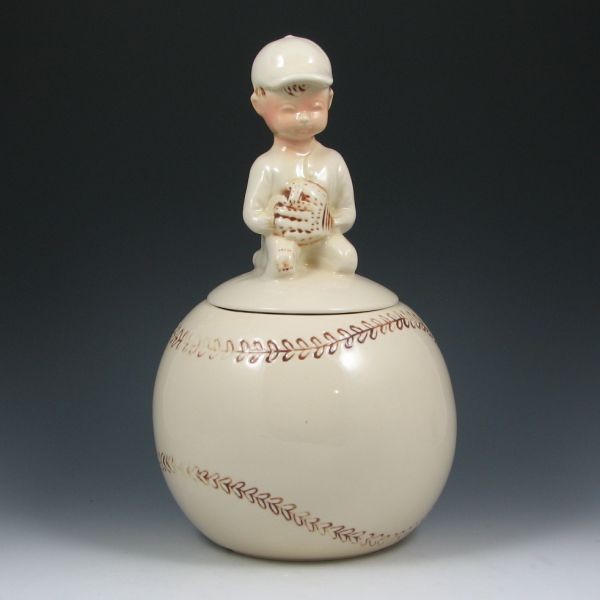 McCoy Boy On Baseball Cookie Jar - Excellent: McCoy boy on baseball cookie jar. Marked 221 McCoy USA with Lancaster Colony mark. Excellent condition. 13" tall.