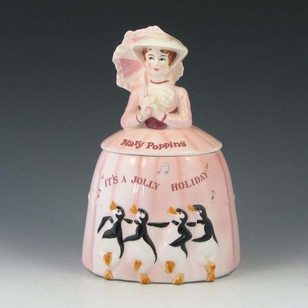 Walt Disney Productions Mary Poppins Cookie Jar: Rare Walt Disney Productions Mary Poppins holiday cookie jar with penguins. Marked © MCMLXIV Walt Disney Productions Japan. There are a couple of minute nicks to details of the lid's mold and there h